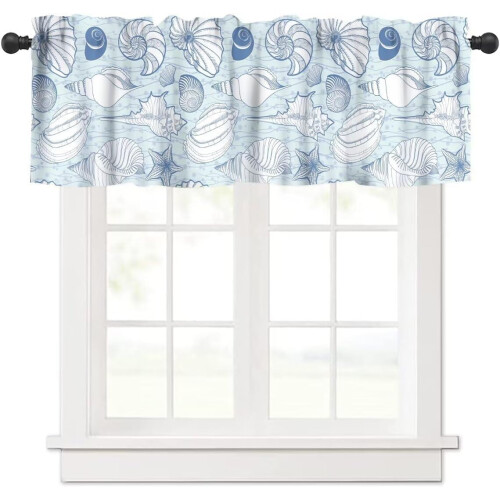 Seashell Kitchen Valance Curtain Vintage Blue Coastal Theme