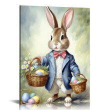 Whimsical Easter Bunny Canvas Poster - Vintage Spring Decor, Colorful Egg Basket Design, Framed Wall Art for Living Room, Bedroom, Home Office -