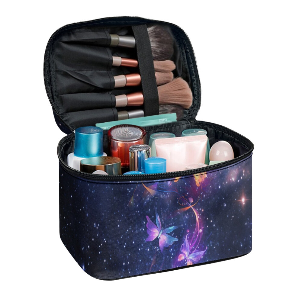 Travel Makeup Bags with Brush Slots Double Zipper Galaxy Butterfly Home Offices