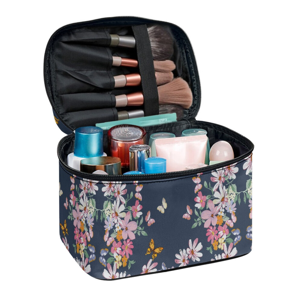 Butterfly and Floral Design Cosmetic Makeup Bag Portable Hanging Organizer Friends Cosmetic Travel Bag Wide-open