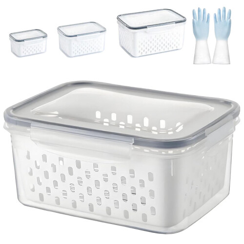 Cesta de plástico transparente para frutas con tapa y doble capa.
