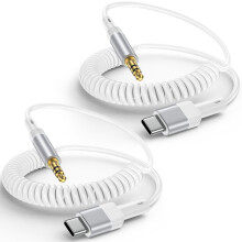 2-Pack 4FT USB-C to 3.5mm Coiled Aux Cable, Retractable, Compatible with iPhone 16/15 & Samsung Galaxy S25