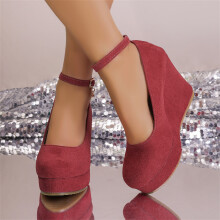 Willtoo Wedges for Women Closed Round Toe Ankle Strap Platform High Heel Wedge Pumps Dress Shoes Red