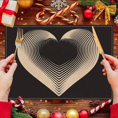 Heart Print Placemats Gold Black Textured 4 Pack