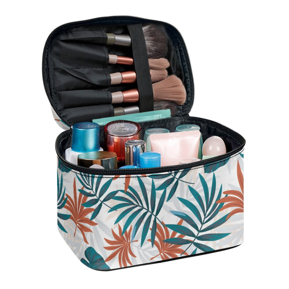 Large Capacity Cosmetic Makeup Organizer Bag Double Zipper Tropical Leaves Hand-Held Mom