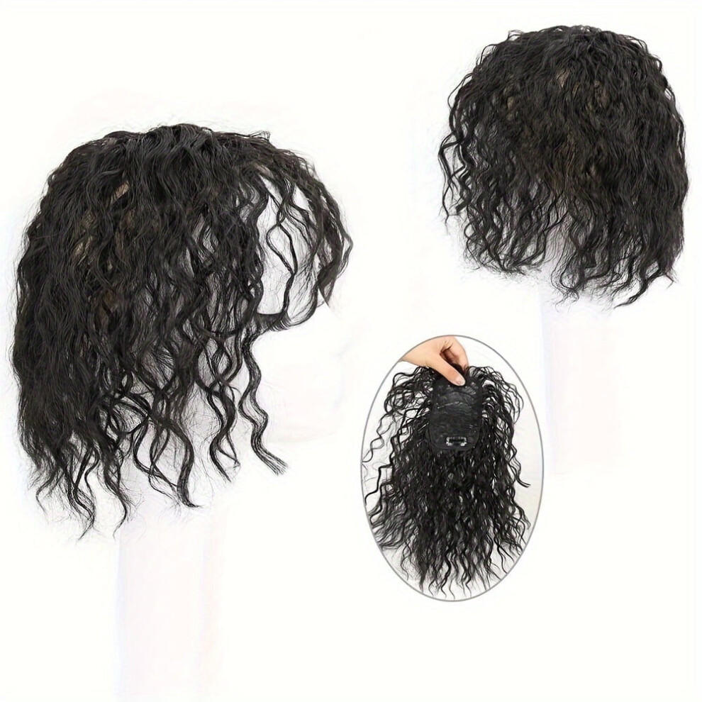 Unisex Black Women's Curly Fluffy Wig Pieces For Top Of Head, Seamless Clip-In Top Wiglet, Hair Topper Replacement For Thin Hair,