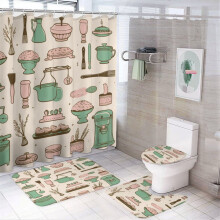4-Pc Bakery-Themed Shower Curtain Set with Rug, 12 Hooks, 72"x72", Compatible with Standard Shower Rods