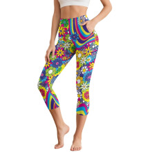 Flower Printed Yoga Leggings for Women Tummy Control Yoga Pants Breathable Capri Leggings with Pockets, L
