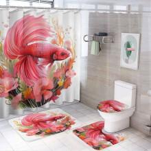 Pink Goldfish 4-Pc Bathroom Rug Set w/ Shower Curtain, Toilet Lid Cover & Non-Slip U-Shape Mat – Ocean Animals, Waterproof, Durable