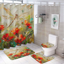 4Pcs Shower Curtain Set w/ Non-Slip Rug, Toilet Lid Cover & Bath Mat – Dragonfly Red & Grey Floral, Compatible with Standard Showers