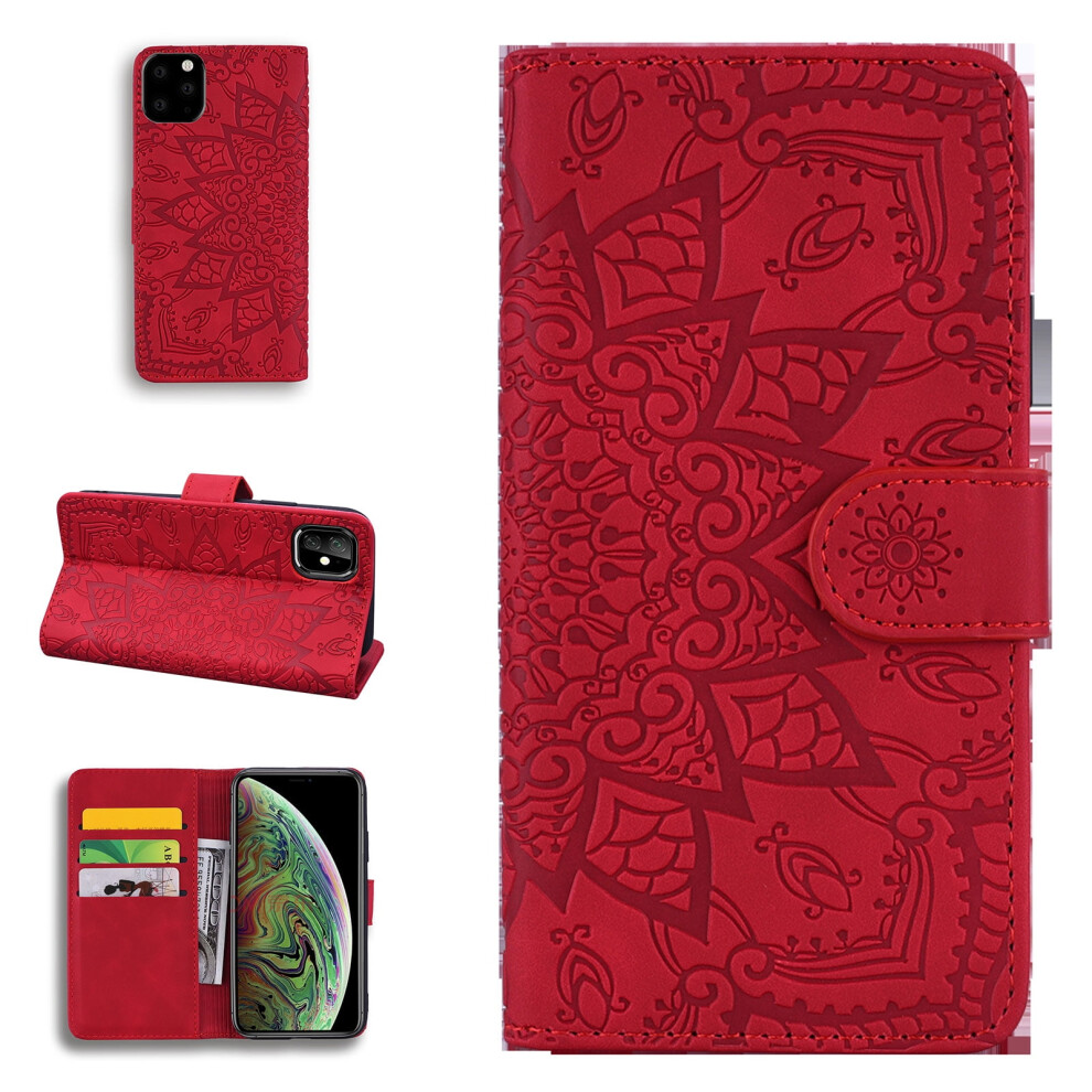 Magnetic Wallet Case For Iphone 12 & Iphone 12 Pro Â Pu Leather Flip Cover With Mandala Emboss, Kickstand, Strap Red 9313598260789