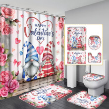 4pcs Valentine's Day Shower Curtain Set w/ Non-Slip Rug, U-Shape Mat, Seat Cover & 12 Hooks – Waterproof, Machine Washable