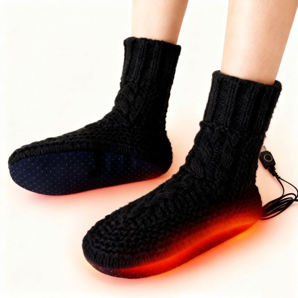 Rechargeable USB Heated Socks & Slippers, Indoor Foot Warmers, Thermal Knitted Socks for Men/Women, Compatible with USB power sources