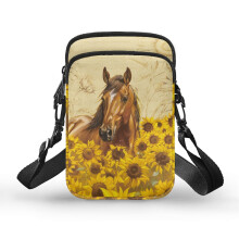 Polyester-Schultertasche mit verstellbarem Schultergurt, Umhängetasche für Outdoor-Reisen (Braunes Pferd im Sonnenblumenfeld)