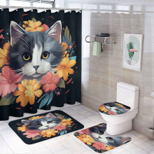 4-Pc Cat & Floral Shower Curtain Set with Rugs, U-Shaped Bath Mat, Toilet Lid & Oval Rug, 72"x72", Compatible with Standard Bathtubs