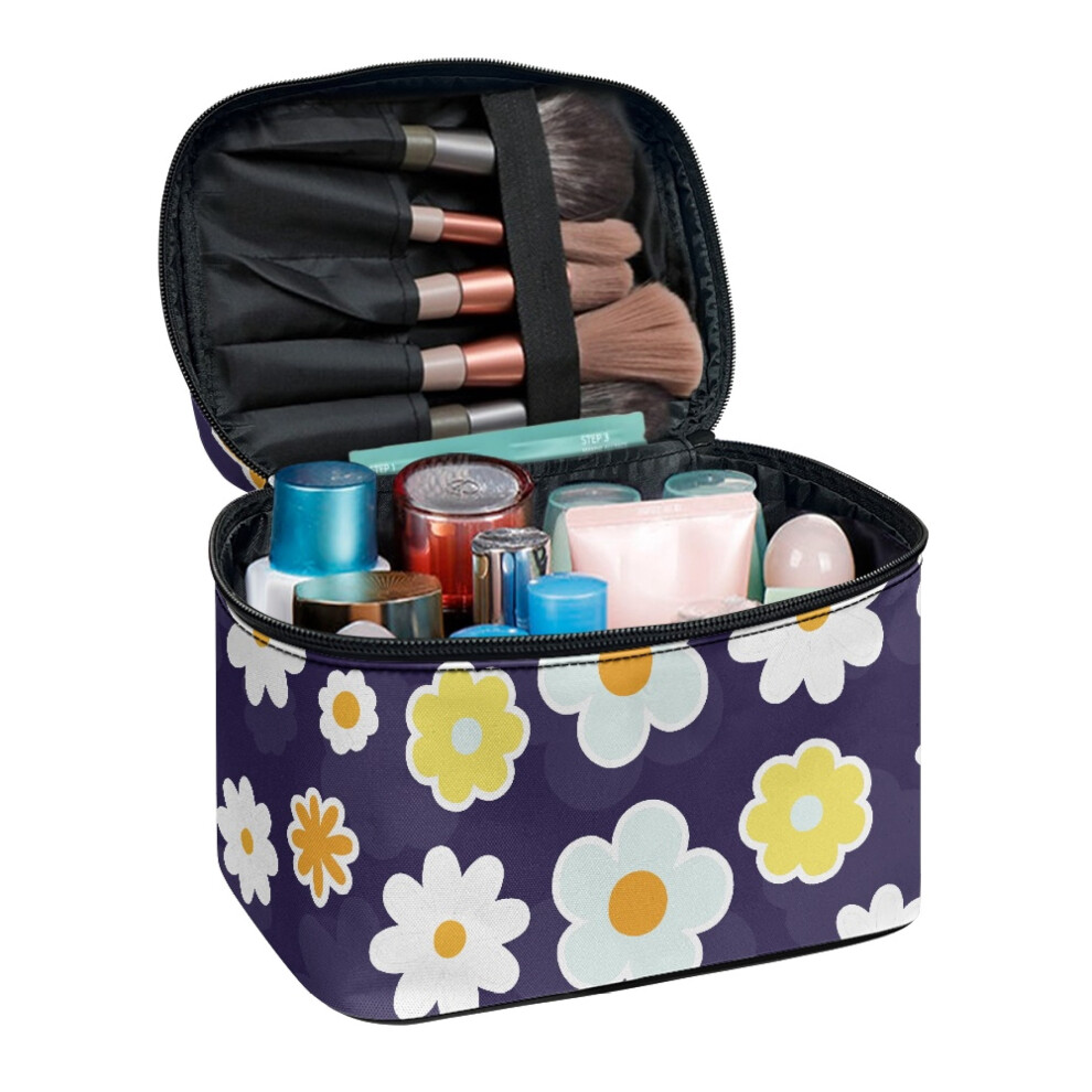 Daisy Pattern Travel Cosmetic Organizer Bag for Girls Wide Open Portable Pouch Portable and Durable Portable Cosmetic Bags Large Capacity