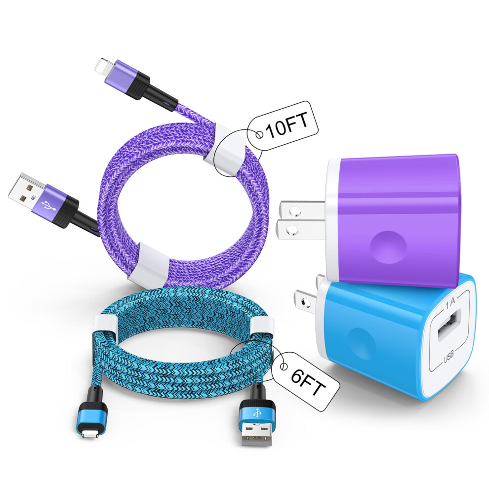 2-Pack Usb Charger Blocks + 2-Pack Cables (6Ft/10Ft) Â Compatible With Iphone 14/13/12 Light 9448990724215