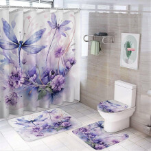 Dragonfly Watercolor 4-Pc Shower Curtain Set with Rugs – Green Darner Design, Waterproof, Compatible with Standard Showers