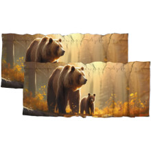 Rusztikus faház medve mintás konyhai függöny karnis, vadállat mintás erdei fenyő őszi ablakdíszítés, 137x45 cm, 2 panel, kompatibilis a