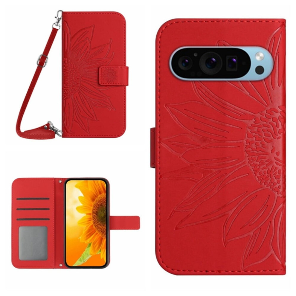 Sunflower Embossed Pu Leather Flip Wallet Case With Magnetic Closure, Card Slots & Adjustable Strap For Google Pixel 10 / 10 Pro 6.3" 9448990727711