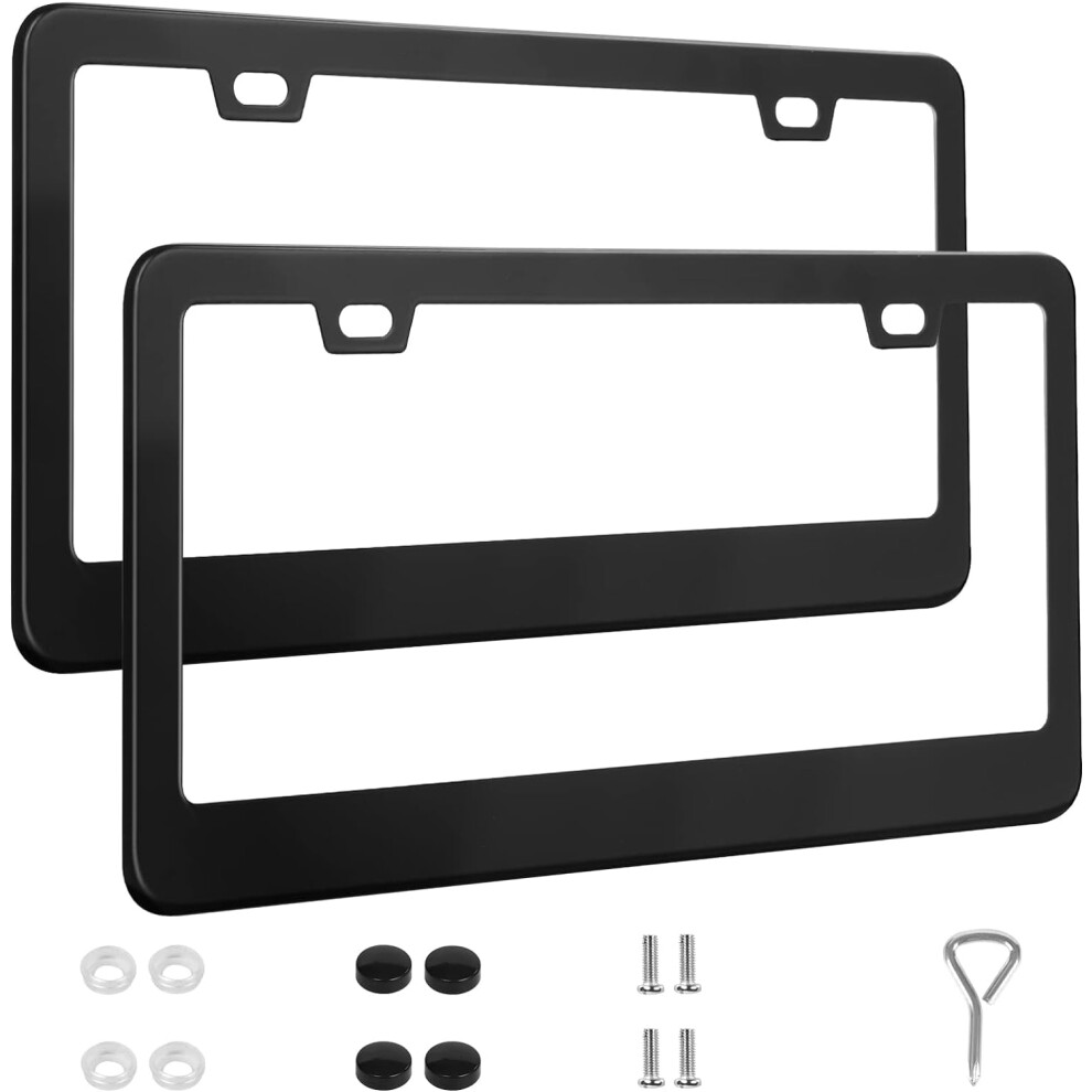 2 Pack License Plate Frames, Stainless Steel Car License Plate Cover Car Accessories With Screw Caps (Black) Black 9485826676508
