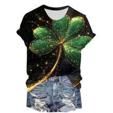 T-shirts SYMOID pour jeunes femmes, motif trèfle vert, manches courtes, col rond, noir, taille 5XL