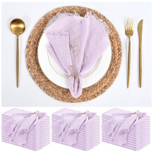 Lot de 12 serviettes de table en coton et lin, 40 x 40 cm, en tissu doux et lavable, avec franges. Style rustique.