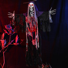 63" Halloween Grim Reaper w/ Posable Arm, Voice-Activated Hanging Ghosts, Scary Skeleton with Glowing Eyes & Sounds – Compatible with Haunted House,