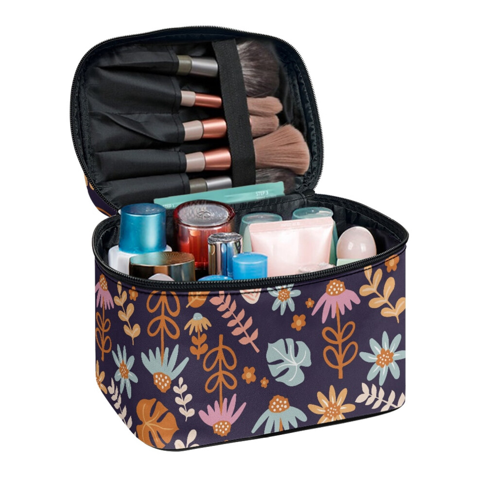 Portable Cosmetic Makeup Bag with Brush Slots Brush Holders Floral Pattern Airport Airline Vacation Organization