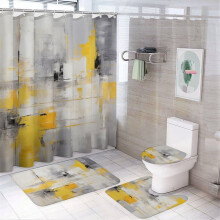 4-Pc Abstract Shower Curtain Set (Yellow/Grey/White) + Non-Slip Rug, Toilet Lid Cover & Bath Mat – Compatible with Standard Hooks
