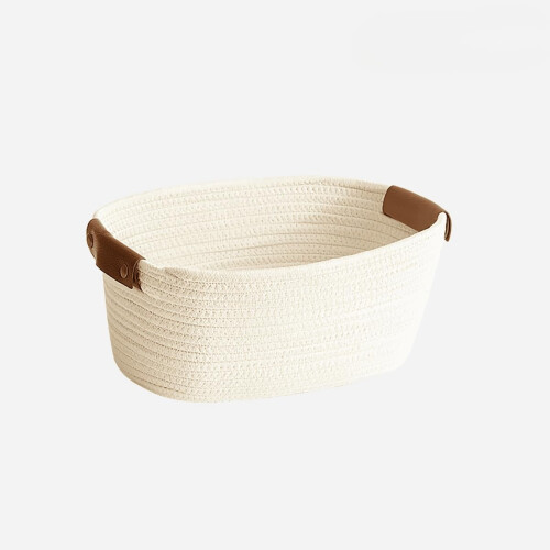 Cotton Woven Basket with Leather Handle 1 Pack