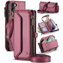 CaseMe Leather Wallet Case for compatible with Samsung Galaxy S21 Plus – RFID Blocking, 10-Card Holder, Zipper Bills Slot, Magnetic Strap