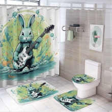 4-Piece Shower Curtain Set with Non-Slip Rug, Toilet Lid Cover & Bath Mat – Bunny Design, Waterproof, Easter/Spring Bathroom Decor, Compatible with