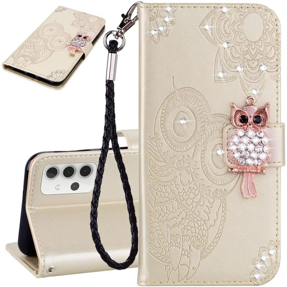 Glitter Crystal Owl Flip Case With Wrist Strap, Kickstand & Magnetic Wallet For Samsung Galaxy A20/A30 Â Golden 9313598259240