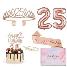 25th Birthday Decorations for Girls - Including 25 Birthday Cake Topper, Balloons, Queen Sash, Crown and Candle Set, Beautiful Gift Box, Rose Gold