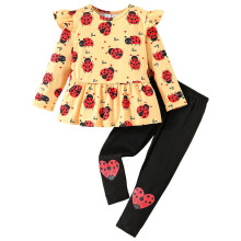 Toddler Girl Fall Outfits Kids Clothes Cute Allover Print Long Sleeves Ruffle Top Pants Set Clothing Yellow 6-7 Years