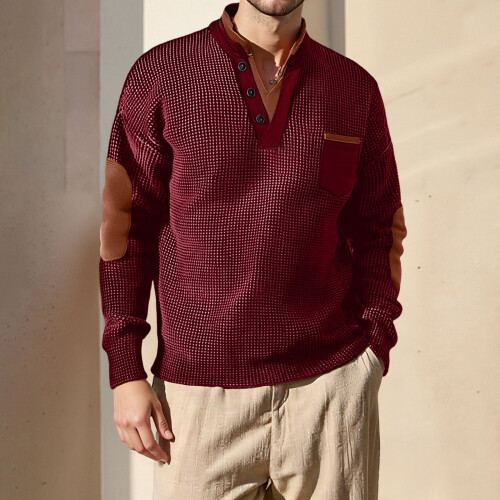 Ανδρικό Πουλόβερ SYMOID Wine Henley – Με ανάγλυφη πλέξη, μπαλώματα στους αγκώνες, τσέπη