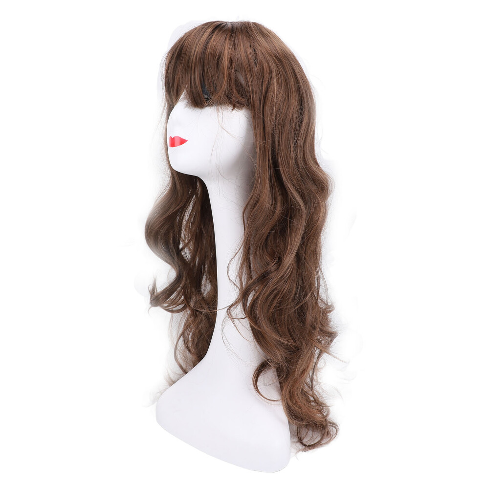 Unisex Brown Long Curly Heat Friendly Wavy Wig With Bangs Light For Weddings & Parties