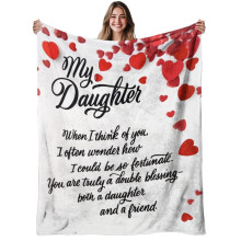 "My Daughter" Flannel Blanket – 280gsm Cozy Throw with Red Hearts & Cursive Lettering, Heartwarming Gift for Birthday, Christmas, Bedtime, Camping
