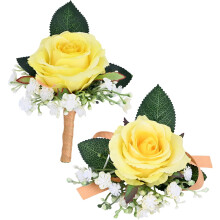 2pcs Yellow Artificial Rose Wrist Corsage & Boutonniere Set, Compatible with Wedding, Graduation, Party