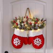 Couronne de Noël lumineuse en forme de moufle de 35 cm (14 pouces) pour porte, mur, jardin – Décoration de fête champêtre