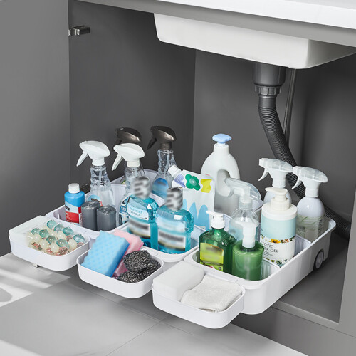 Customizable Kitchen Caddy for Under Sink Organizer, Rolling Storage Bin with Adjustable Bathtub Caddy, Under Sink Storage Bin for Kitchen Bathroom 1