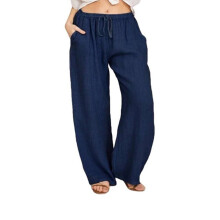 Women Loose Cotton Linen Casual Trousers Solid Drawstring Pants with Pockets Daily Wear Home Wear