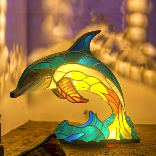 Nachtlicht aus Buntglas, Delfin 1