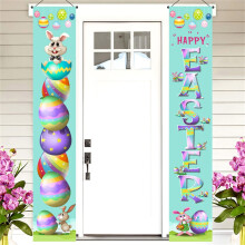 Osterbanner für die Veranda mit Hase, Ei, Kaninchen, Wichtel und Gänseblümchen – Türschild, Wandbehang, Frühlingsdeko für Zuhause, Büro,
