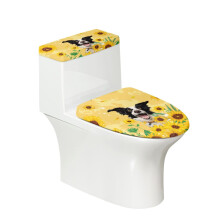 Set van 2 toiletbrillen en stortbakdeksels met zonnebloem- en bordercollieprint, ovaal, geschikt voor de meeste toiletten.
