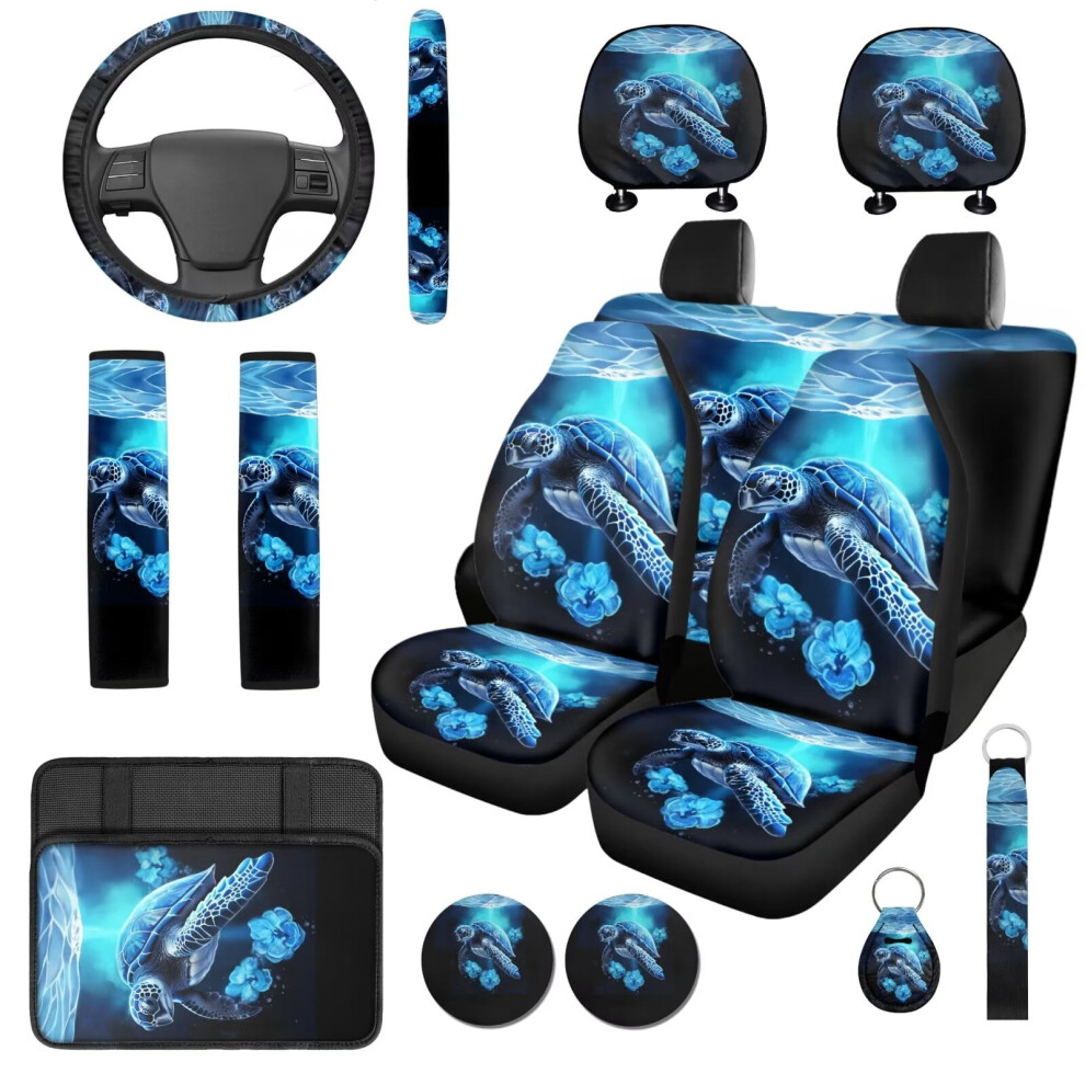 Sea Turtle Car Seat Covers Set (14 Pcs) Â Console, Wheel, Headrest, Seat Belt & Cup Coaster Covers Â Anti-Slip, Compatible With Cars/Suv Blue 9027700591714