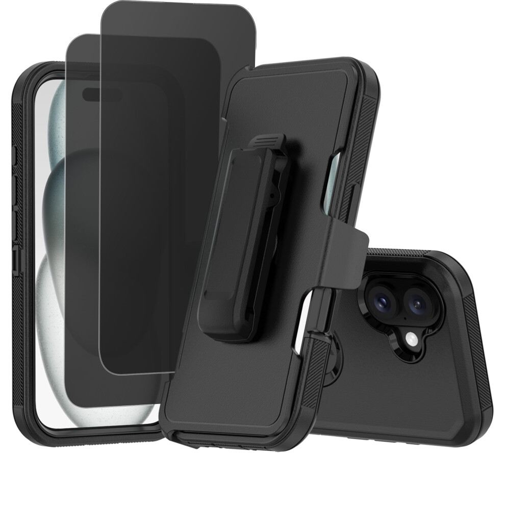 Case For Compatible With Iphone 16 Heavy Duty Shockproof Dustproof Phone Case With Privacy Screen Protector Tempered Glass & Belt Clip, Black 9180435293985