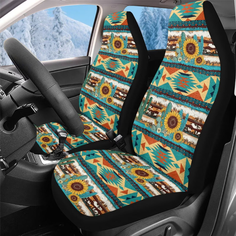 Car Seat Covers Front Seats Only Set Of 2, Soft Fleece Fabric Driver Seat Cover Protection, Sunflower Southwest Aztec Auto Bucket Seats Covers Coral 9180435293770