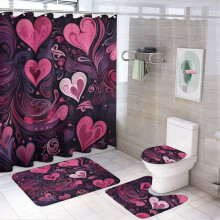 Ensemble de douche 4 pièces pour la Saint-Valentin avec rideau de douche, tapis antidérapant, housse de toilette et tapis de bain (183 x 183 cm)